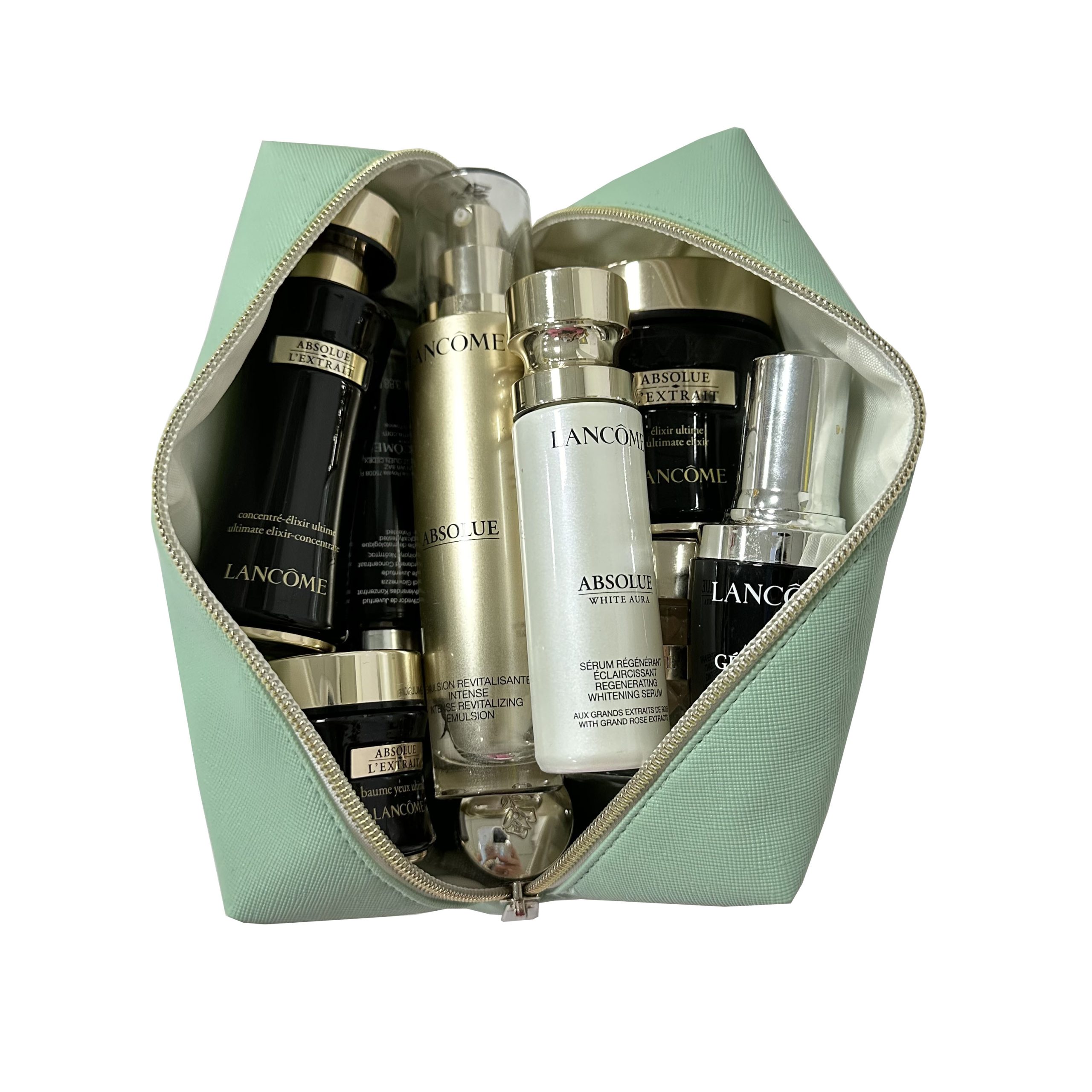 Large mint green makeup bag filled with skincare bottles showing capacity and inner lining