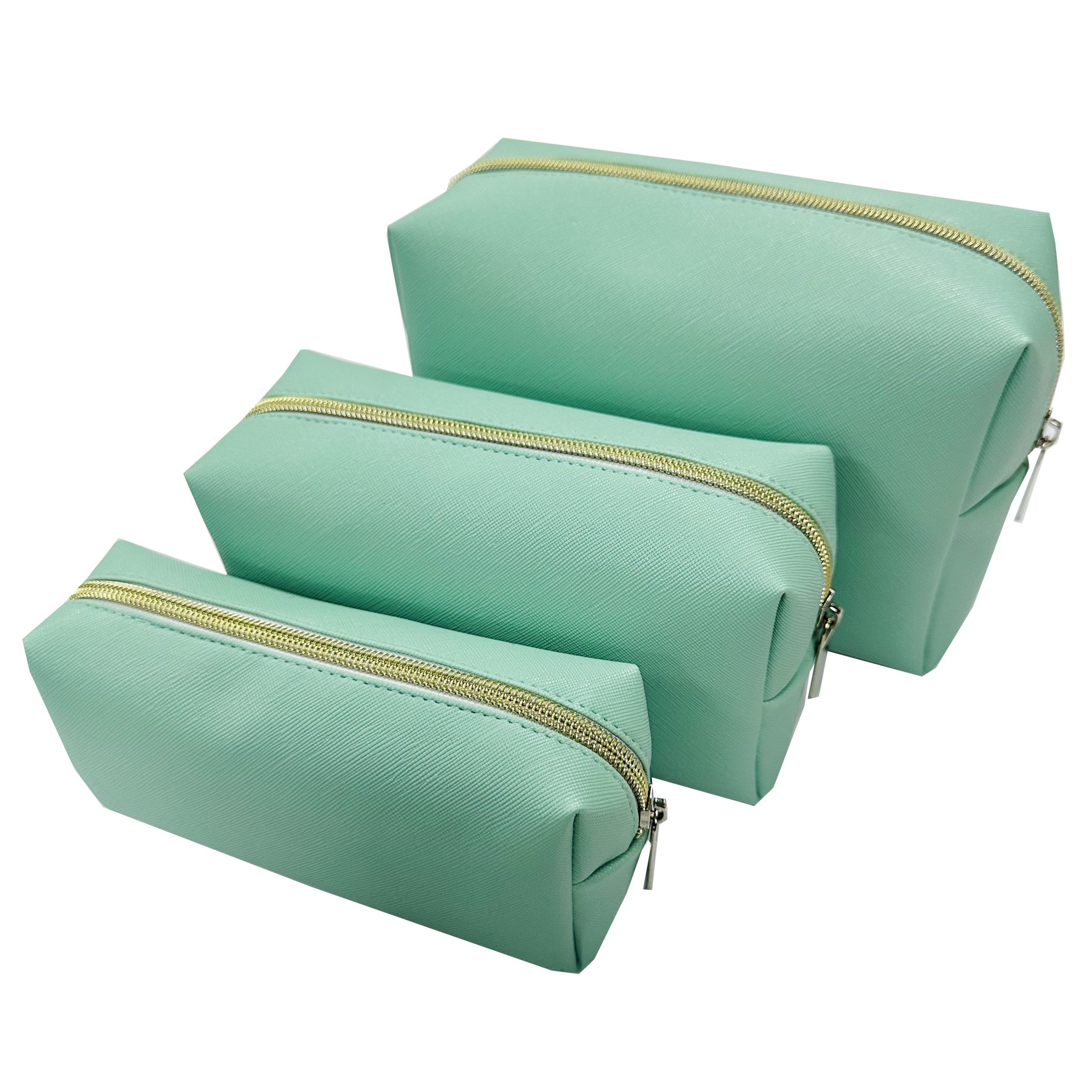 3-piece set of mint green toothpick texture cosmetic bags in S/M/L for wholesale