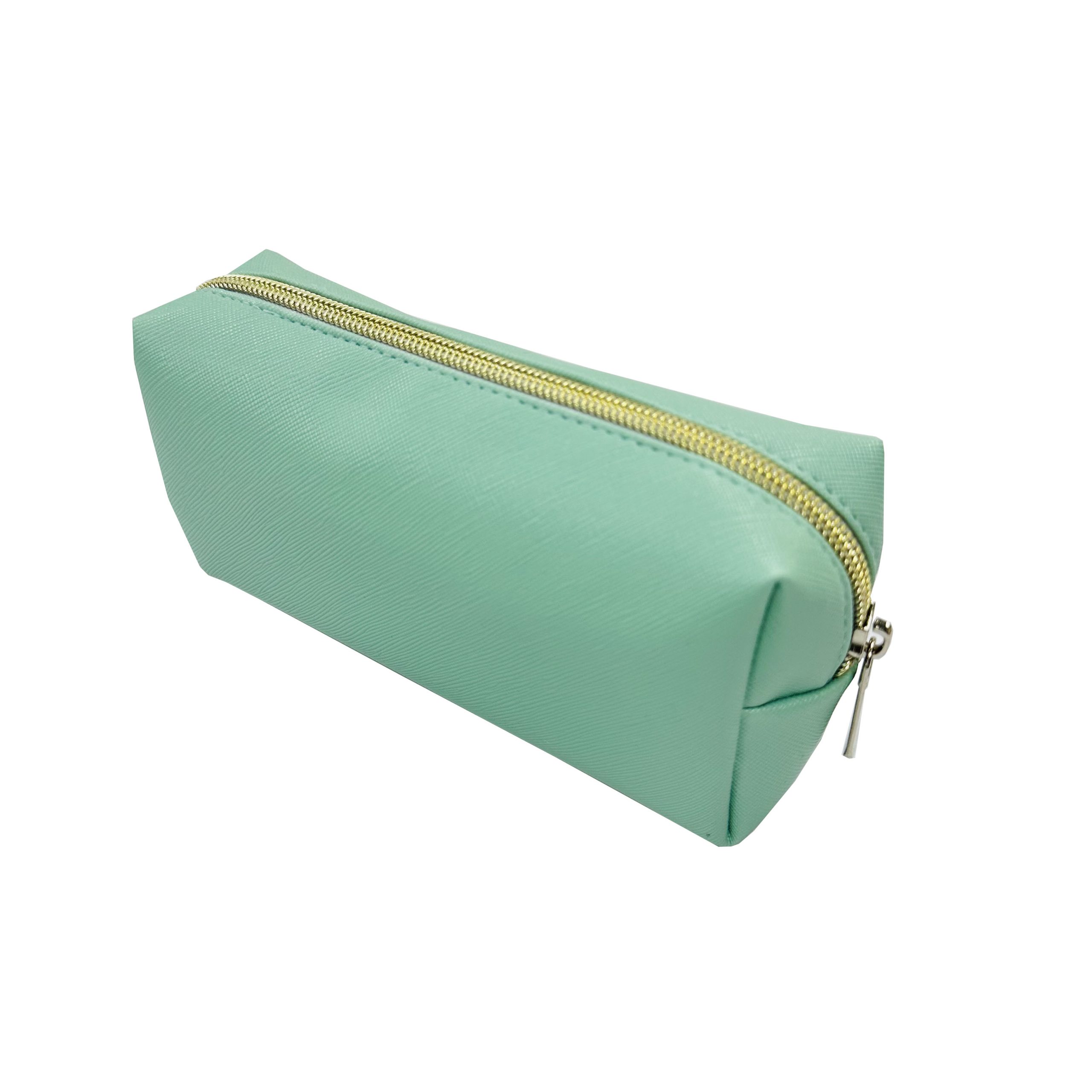 Gold metal zipper detail on mint green PU leather cosmetic pouch