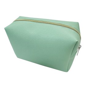 Small mint green twill texture makeup bag angled front view