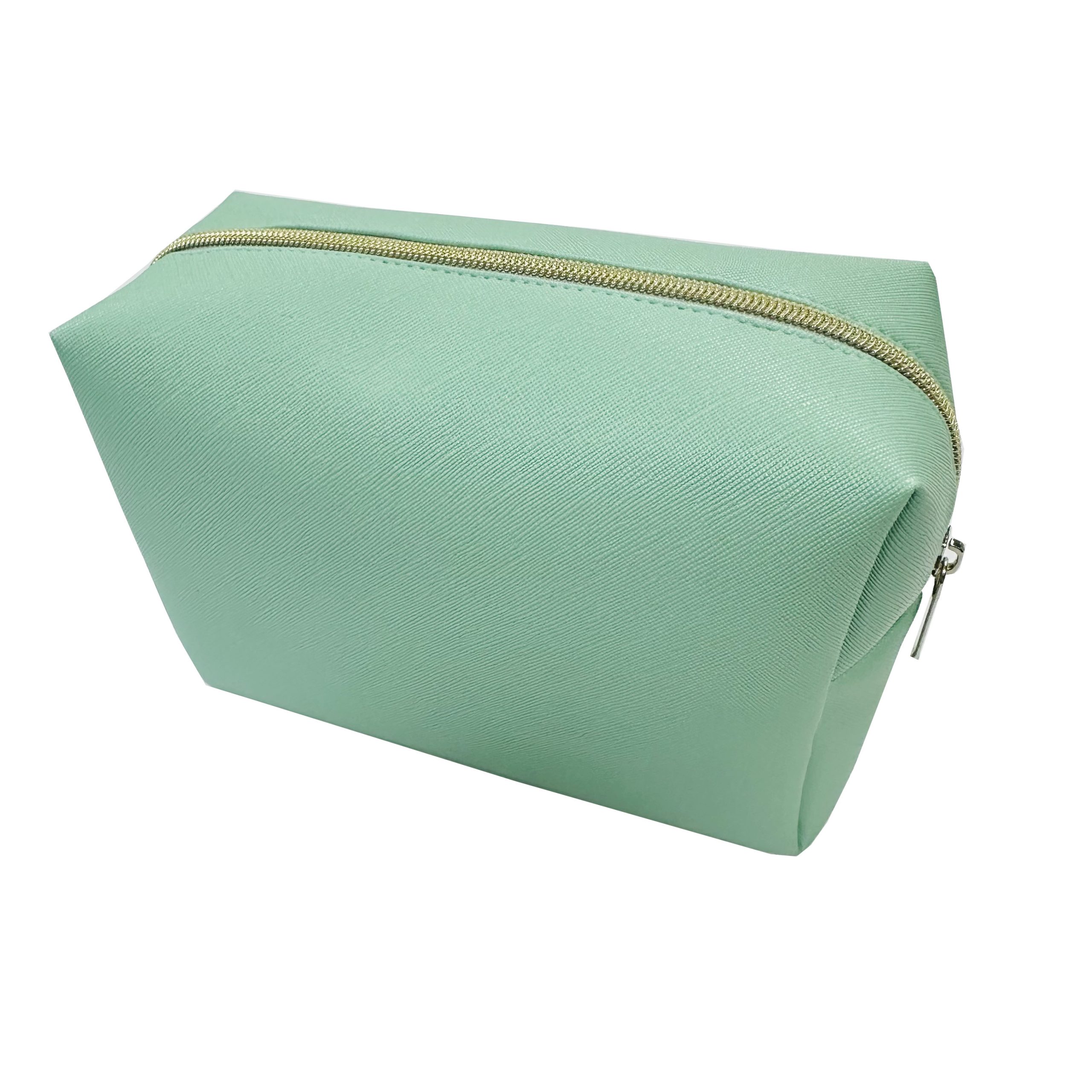 Small mint green twill texture makeup bag angled front view
