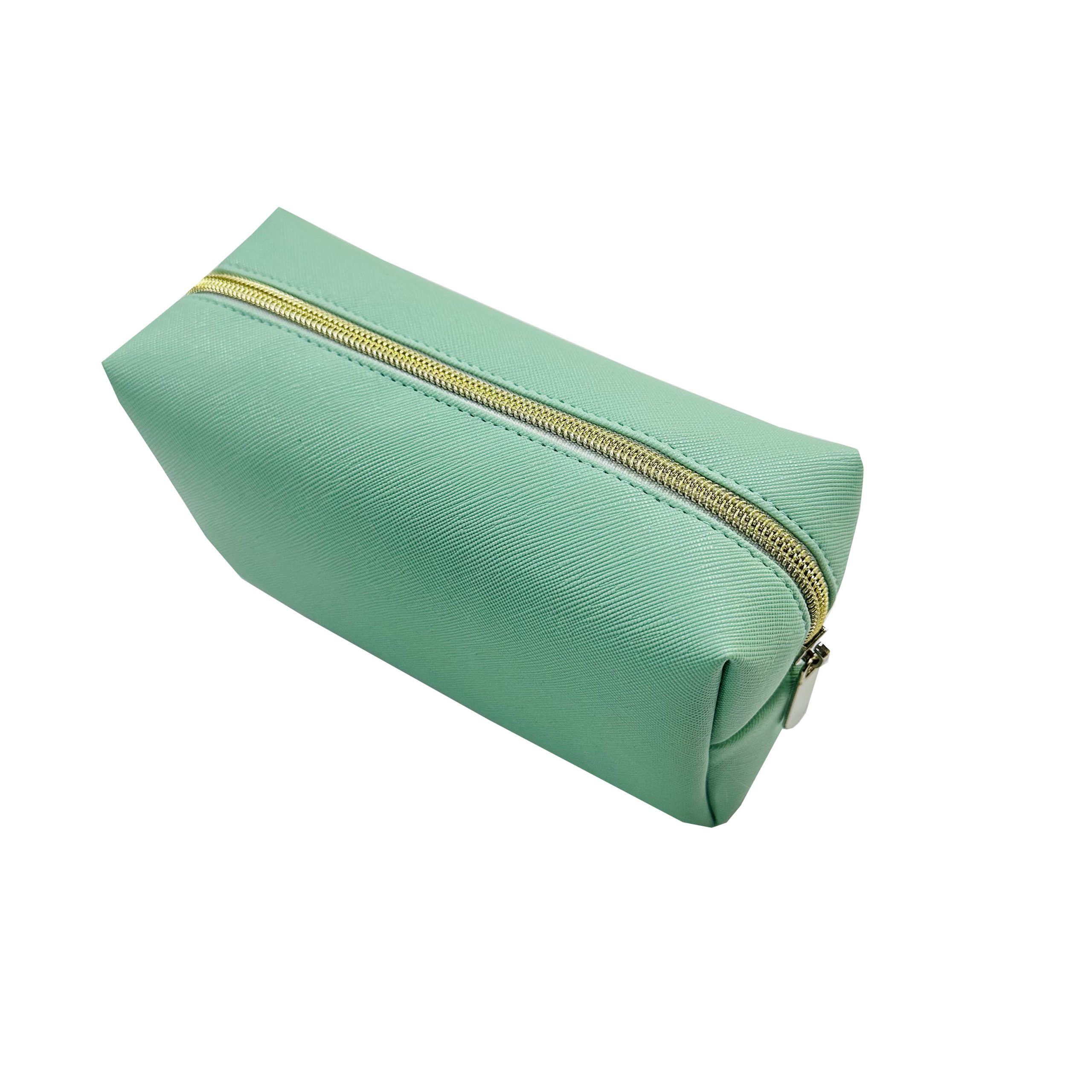 Mint green toothpick texture PU leather makeup bag side view for custom logo