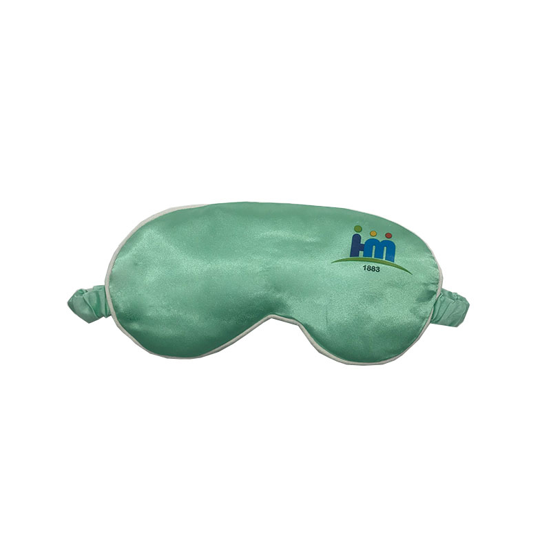 Custom mint satin eye mask with white piping and heat transfer logo