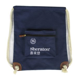 Custom navy canvas cinch bag with front pouch and cotton ropes