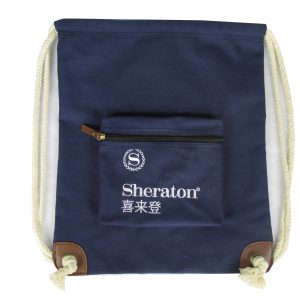 Navy canvas drawstring backpack with Sheraton logo front view