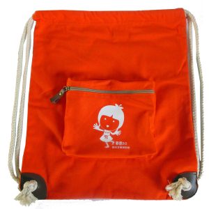 Custom printed orange canvas cinch bag with front zipper pocket