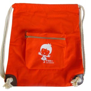 Front view of custom orange canvas drawstring backpack with logo and brown reinforced corners