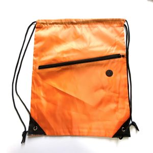 Orange promotional drawstring backpack with front zipper pocket