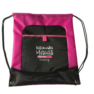 Pink and black spliced drawstring backpack front view