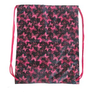 Pink butterfly print cinch bag with matching pink drawstrings