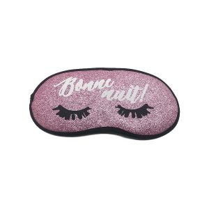 Glitter eye mask with white cursive text and closed eyelashes front view