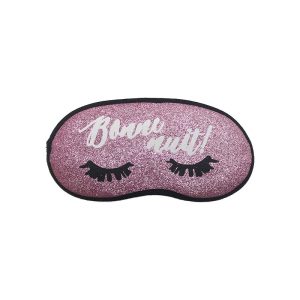 Pink glitter sleep mask with black eyelash print and "Bonne nuit!" text