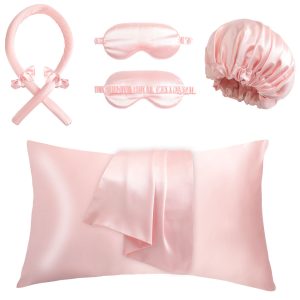 Pink faux silk 5-piece set with scrunchie, hair rod, bonnet, pillowcase, and mask