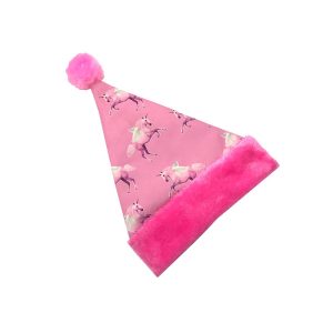 Pink unicorn canvas party hat side angle with hot pink plush base
