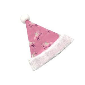Angled pink unicorn canvas Santa hat for kids holiday party