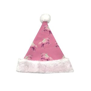 Pink unicorn full-print canvas Santa hat with white plush trim front view