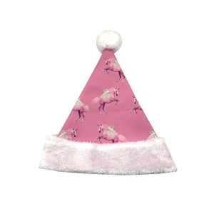 Pink unicorn Santa hat side angle with white furry trim