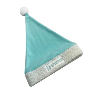 Plush teal holiday hat with embroidered tag angled view