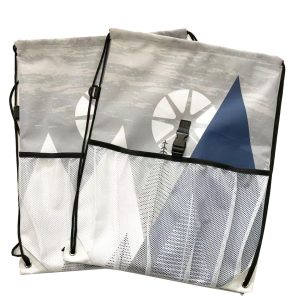 Stack of custom graphic printed drawstring backpacks with white mesh pocket