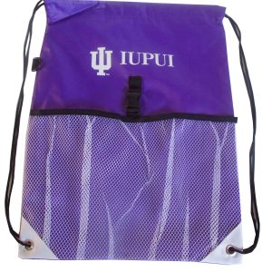 Custom purple cinch bag with mesh pocket and central buckle for promotional use