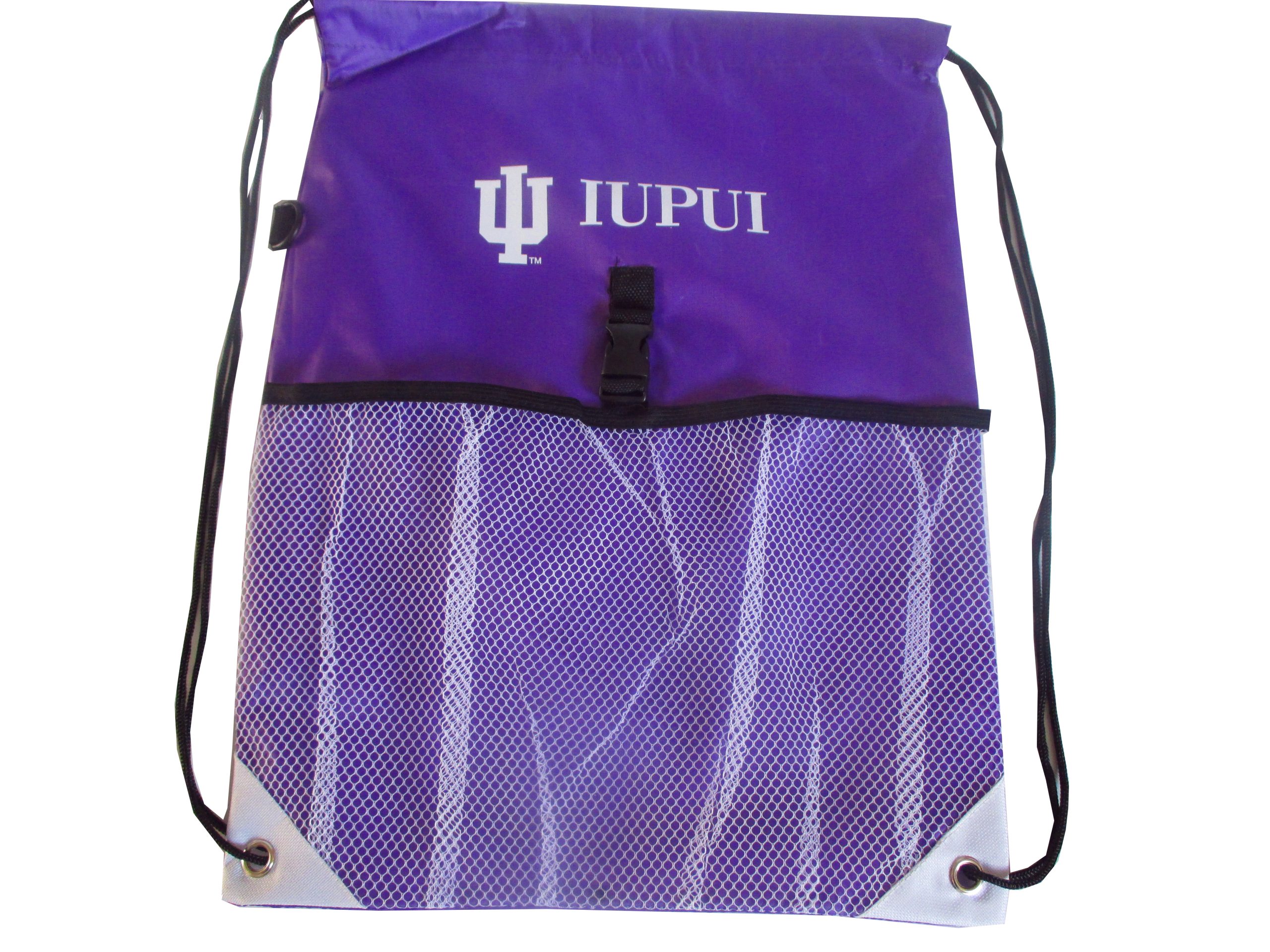 Custom purple cinch bag with mesh pocket and central buckle for promotional use