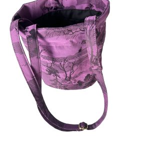 Purple crossbody bucket bag with adjustable shoulder strap and loop buckle