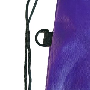 Black D-ring side loop detail on purple polyester drawstring backpack