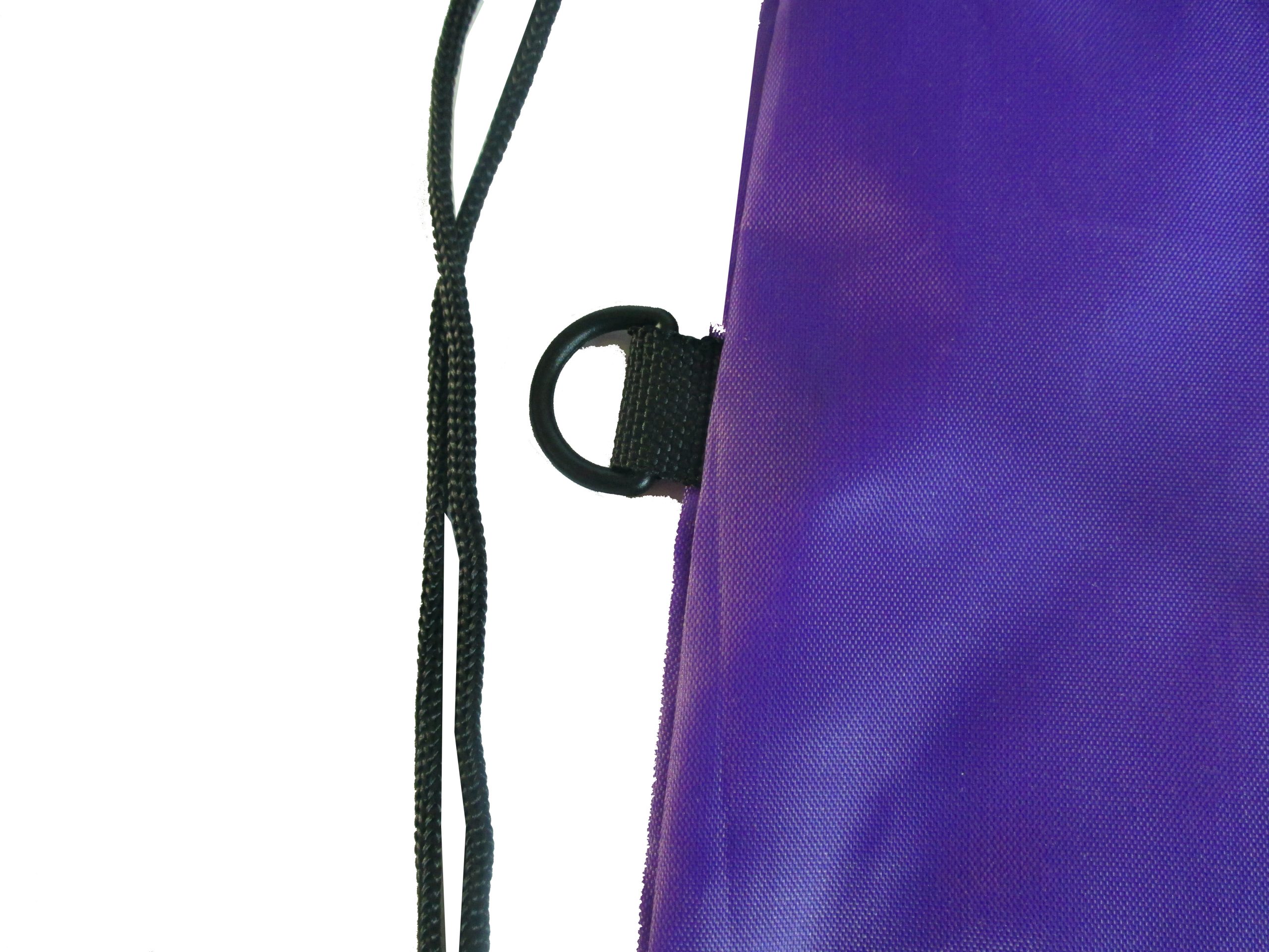 Black D-ring side loop detail on purple polyester drawstring backpack