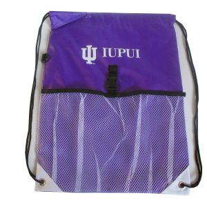 Purple drawstring backpack with white mesh pocket and IUPUI university logo print