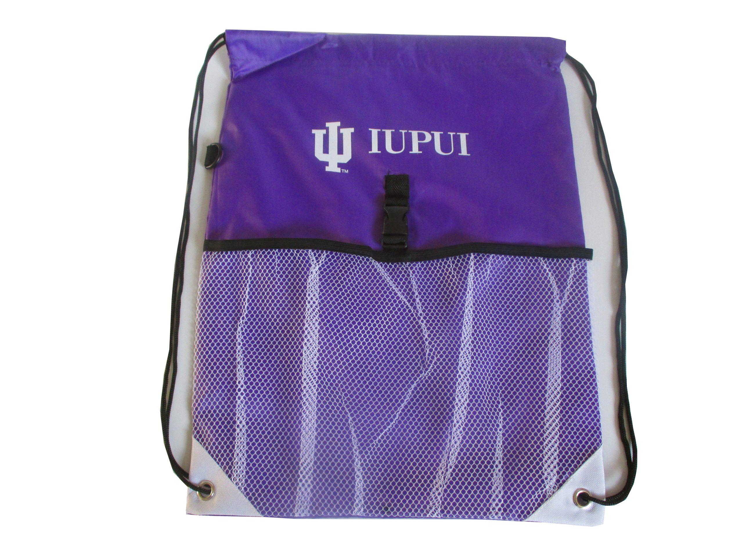 Purple drawstring backpack with white mesh pocket and IUPUI university logo print