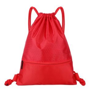 Red honeycomb drawstring backpack with front zipper pocket for corporate branding