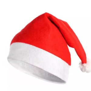 Red Christmas hat angled view with white fluffy pom-pom