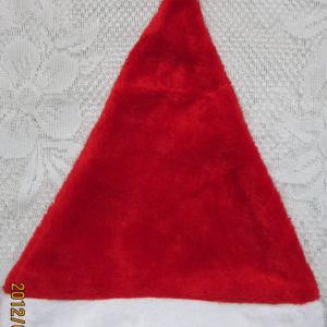 Front flat view of red nonwoven Santa hat with white fur trim