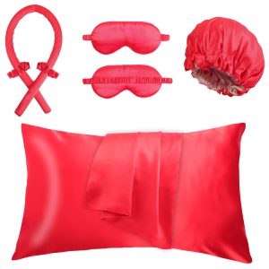 Red faux silk 5-piece beauty sleep set for travel and hotel promotions