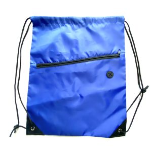 Royal blue custom drawstring bag with black zipper and circular cross detail