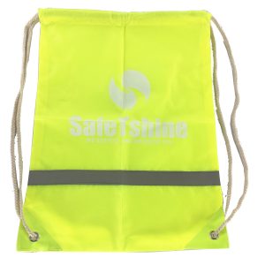 Custom printed high visibility drawstring bag with reflective strip front view