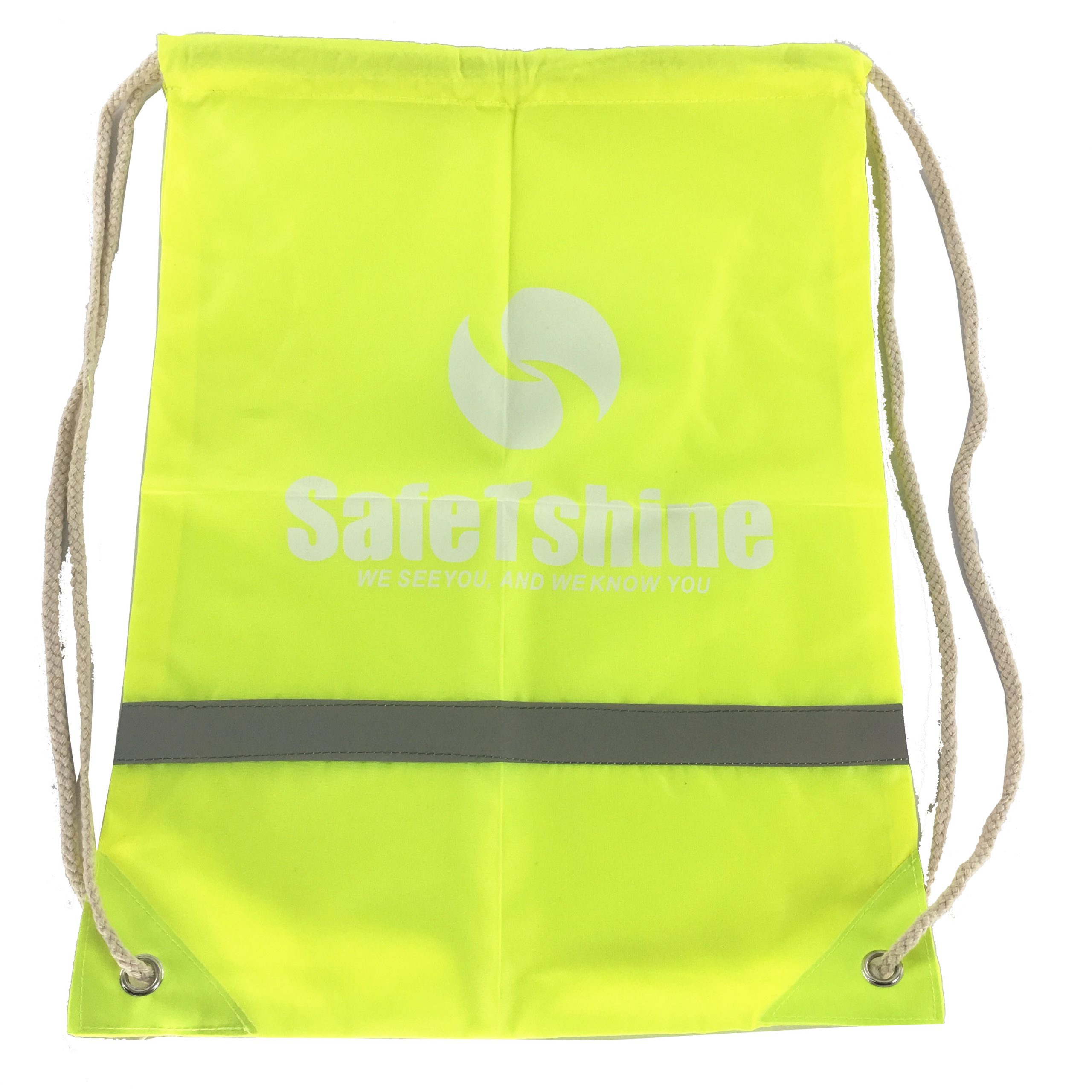 Custom printed high visibility drawstring bag with reflective strip front view