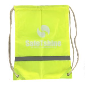 Safety reflective drawstring bag with white rope and SafeTshine custom logo print