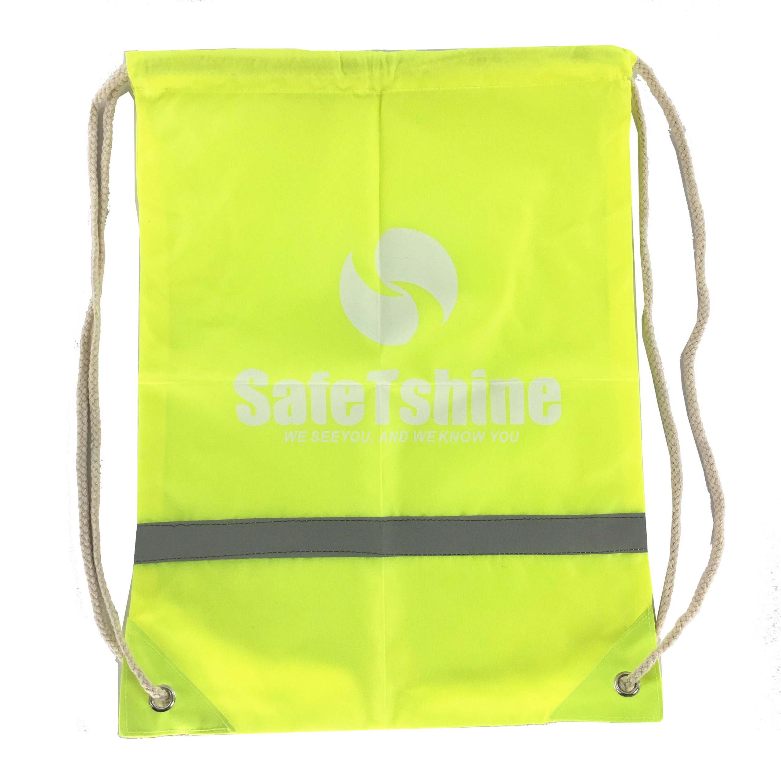 Safety reflective drawstring bag with white rope and SafeTshine custom logo print