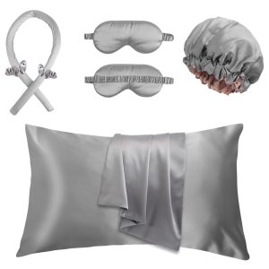 Silver grey satin hair and eye care set including pillowcase and bonnet