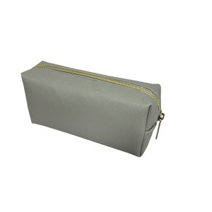 Small grey toothpick PU leather makeup bag angled view