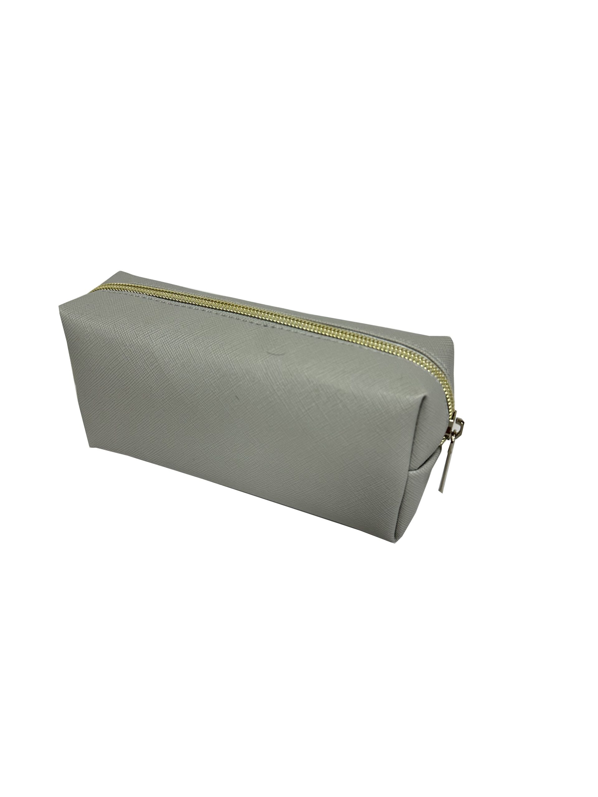 Small grey toothpick PU leather makeup bag angled view