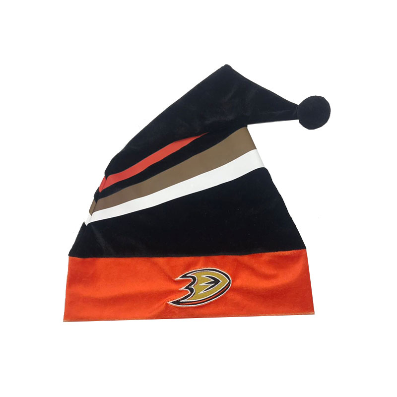 Side view of orange and black spliced Santa hat with embroidered team logo