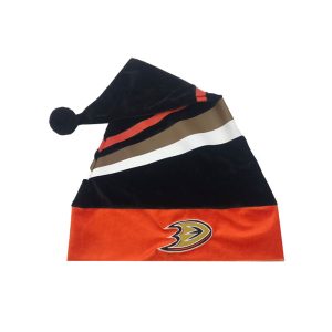 Angled view of custom color-block crystal super soft Santa hat with embroidered logo