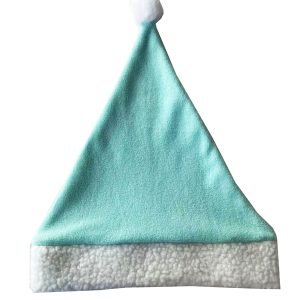 Teal plush Santa hat with white sherpa trim and pom-pom front view