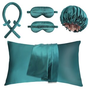 Teal green satin 5-piece sleep set with eye mask and hair accessories