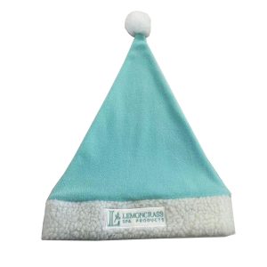 Teal Christmas hat with white fluffy brim and custom label front view
