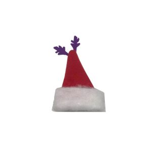 Tiny red felt Santa hat with fluffy base and purple antlers