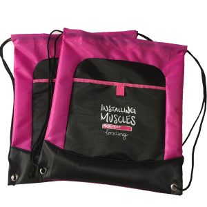 Two custom pink black drawstring gym bags stacked