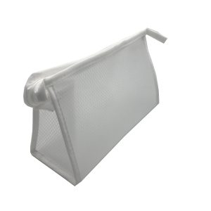 White mesh makeup pouch side view showing side loop handle